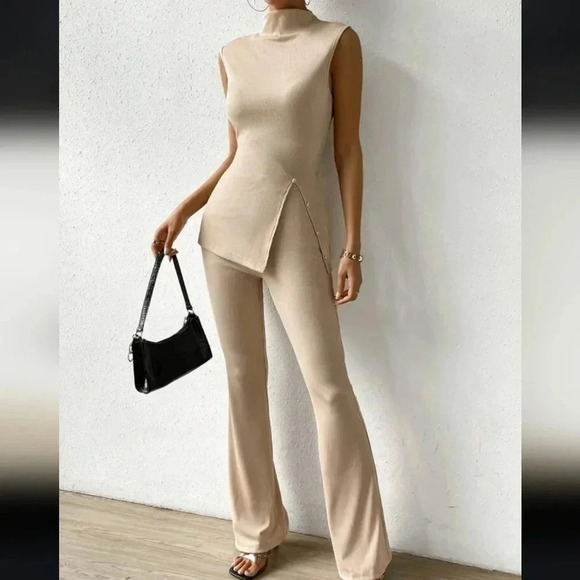 Mock Neck Split Hem Tank Top & Flare Leg Pants - Picture 1 of 6
